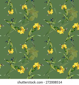 Yellow iris flowers with butterfly and bee watercolor seamless pattern on green background vector illustration