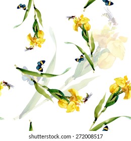 Yellow iris flowers with butterfly and bee watercolor seamless pattern on white background vector illustration