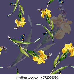 Yellow iris flowers with butterfly and bee watercolor seamless pattern on purple background vector illustration