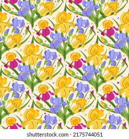 Yellow iris flowers seamless pattern with leaves on beige background. Summer vector floral botanical illustration for branding, package, fabric and textile, wrapping paper