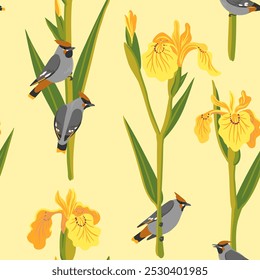 gelbe Iris und böhmischer Wachsflügel, Wasserflagge, Vektorgrafik, nahtloses Muster mit Blumen und Vögeln auf gelbem Hintergrund, handgezeichnete botanische Illustration