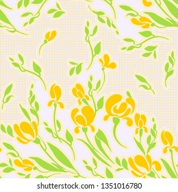 Yellow irises or tulips with green stems and leaves on a white background. Seamless pattern with floral ornaments and small dots. Drawing for pastel linen or wallpaper.