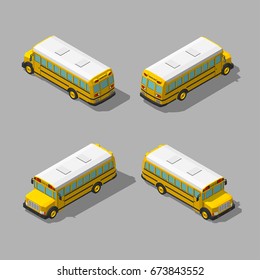 Yellow isometric 3d school bus. Flat style vector illustration