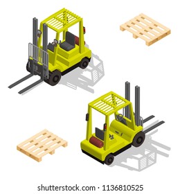 Yellow isometric forklift truck with pallet set isolated on white background, vector
