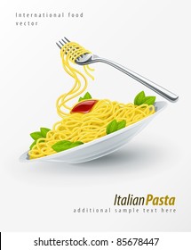 Yellow italian pasta spaghetti in the white plate with fork. Vector illustration