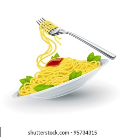 Yellow italian pasta spaghetti in the white plate with fork. Vector illustration isolated on white background