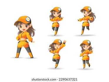 yellow jacket and cap hat woman Girl long hair Mascot Character Set	