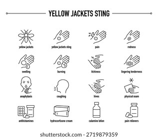 Conjunto de Vectores de diagnóstico y tratamiento de síntomas de picadura de chaqueta amarilla. Línea de iconos médicos editables.