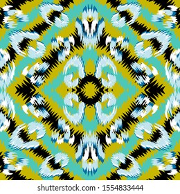 Yellow Jaguar Fur Vector Seamless Pattern. Blue Panther Jungle India Illustration. African Camouflage Panther Wallpaper. Blue African Background