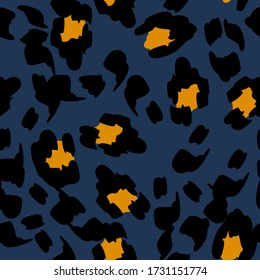 Yellow Jaguar Vector Seamless Pattern Blue Background. Dyed Cheetah Handmade Tile Art. Creative Leopard Print. Black Animal Panther Printed Tie Pattern.