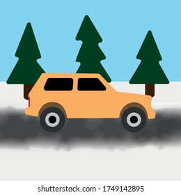 yellow jeep car in the snowy scenery. vector graphic