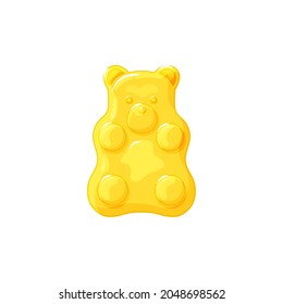 Yellow jelly bear on a white isolated background. Gummy healthy sweets. Vector cartoon illustration.