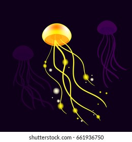 Yellow jelly fish sparkling. Vector illustration on the dark background