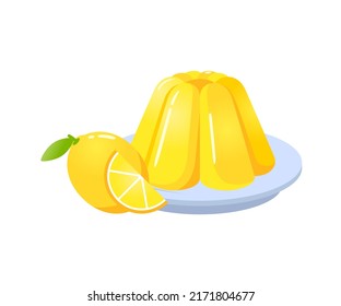 Yellow jelly sweet dessert on plate with lemon fruit cartoon vector illustration