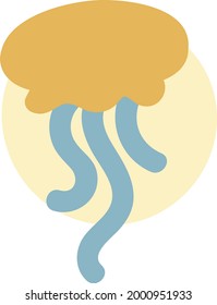 Yellow jellyfish with blue tentacles, illustration, on a white background.