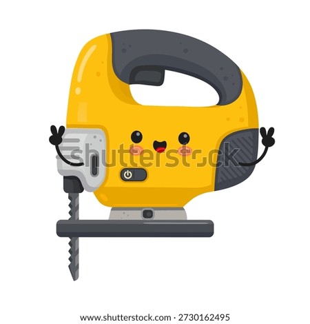 Yellow jigsaw power tool mascot character smiling and waving with both hands, symbolizing woodworking, construction, and handyman tasks with a cheerful and friendly design