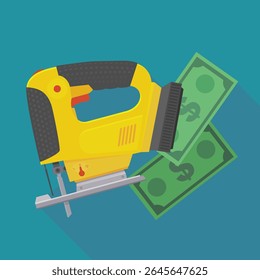 Yellow jigsaw side view with dollar banknotes in flat design style on a blue background with long shadow