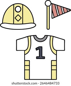 Um capacete de jóquei amarelo com um círculo cinza e diamante fica acima de uma camisa cinza com um grande número um em cinza. Listras amarelas adornam os lados da camisa e o fundo das calças.  