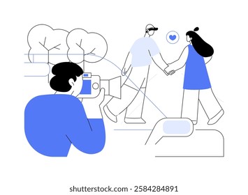 Yellow journalism isolated cartoon vector illustrations. Man with camera taking photos of celebrity couple, professional journalism, paparazzi work, secret shooting, yellow press vector cartoon.