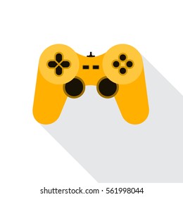 Yellow joystick icon. Vector illustration. Video game symbol. Flat game joystick symbol with long shadow, isolated on white.