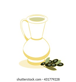 Yellow jug with olive oil and olive branch on white background. Vector illustration