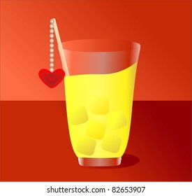 yellow juice glass with ice and a heart.