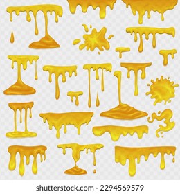 Yellow juice or honey blots set. Maple syrup, caramel and sweet sugar sauce melting and leaking. Dessert design for cafeteria and patisserie cakes and cookies