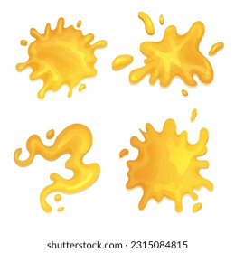 Yellow juice or honey blots set. Maple syrup, caramel and sweet sugar sauce melting and leaking. Dessert design for cafeteria and patisserie cakes and cookies