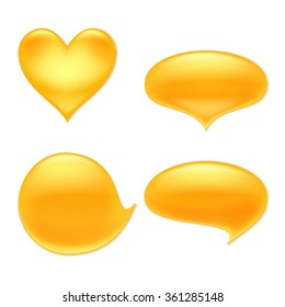 Yellow juice or honey blots set.  Sweet smudges splashes drops on white background. Spiral round and abstract curves forms.