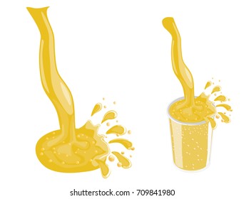 Yellow juice or honey shots. Splashes drops on white background.