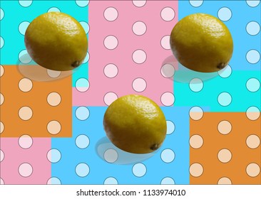 Yellow juicy lemon on an abstract background of white circles and orange, pink, mint squares