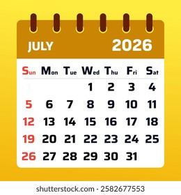 Yellow july 2026 Calendar. July 2026 Monthly Planner. July 2026. Yellow july 2026 Time Management Calendar. 