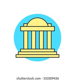yellow justice building on blue circle. concept of capitol, univercity, institute, governmental, temple, tower. isolated on white background. flat style trend modern logo design vector illustration