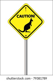 yellow kangaroo sign with caution written on it with white background