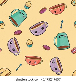 Yellow kawaii cup and cake seamless pattern print background