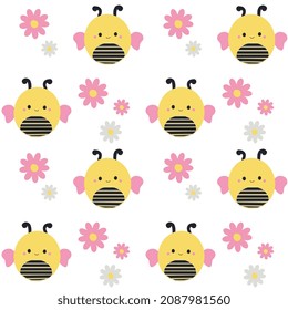 yellow kawaii cute baby bee on white background with pink flowers seamless pattern for nursery for sublimation. wall art. hand drawn vector