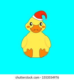 yellow kawaii duck in Christmas red hat on blue background. new year drawing