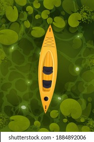 A yellow kayak floats through a swamp with water lily leaves, top view. Landscape of green river or ocher surface with aquatic plants. Vector 