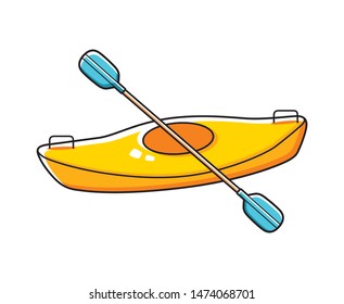 Yellow kayak and paddle isolated cartoon vector