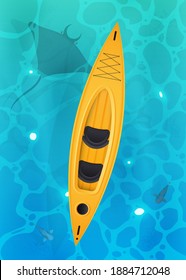 Yellow kayak with paddles.  Turquoise surface of water in the ocean with fishes. Background for a summer poster, foyer or postcard. Vector.