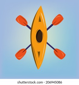 a yellow kayak and a pair of paddles within a blue background