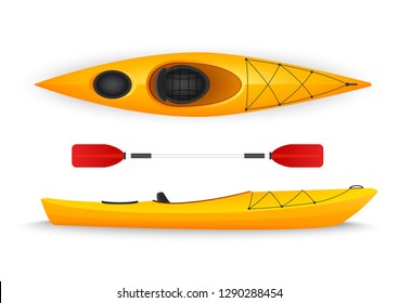 Yellow kayak, with top and side viewsisolated on white background.