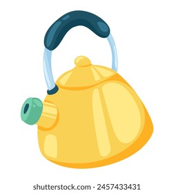 Hervidor de agua amarillo en diseño plano. Tetera metálica, utensilios de cocina domésticos. Ilustración vectorial aislada.