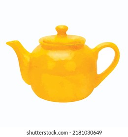 Yellow kettle isolated on white background.  Vector illustration. Tea time. Breakfast with coffee or tea. Ware for the kitchen, restaurant or cafe. Watercolor style cartoon clipart.