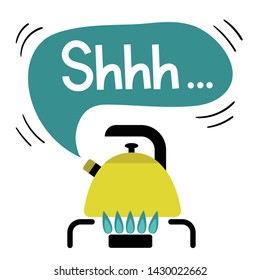 Yellow kettle is on a gas burner and boils. From it comes a cloud of steam and noise. Flat vector on white background