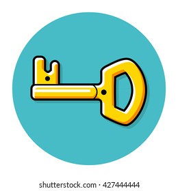 Yellow key cartoon round line icon on a blue background.