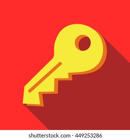 Yellow key icon in flat style on a red background
