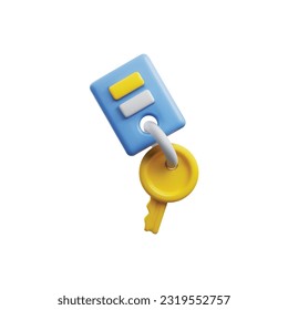 Yellow key with keychain, pendant isolated on white background. 3d rendering design. Vector illustration for web, app icon. Protection, security, real estate concept in plastic isometric style