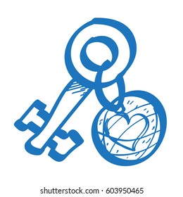 Yellow key with a label and heart outline of a logo. Element for infographics in the hand drawing style.