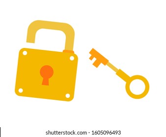 yellow key and pad lock cartoon doodle flat design style vector illustration 